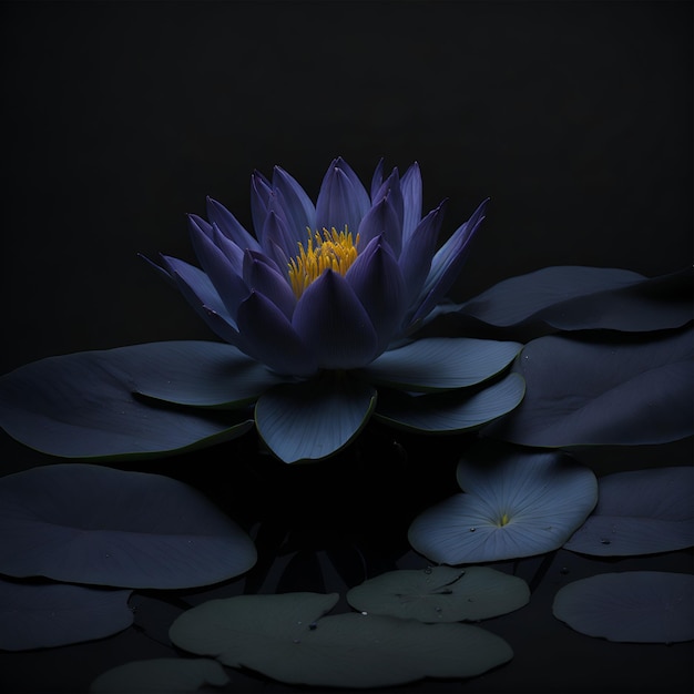 A blue water lily with a yellow center sits in a dark pond.