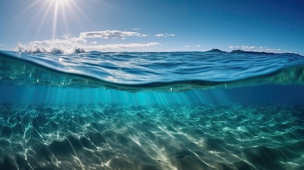 Blue under water waves and bubbles Beautiful blue sky with Generative AI Technology