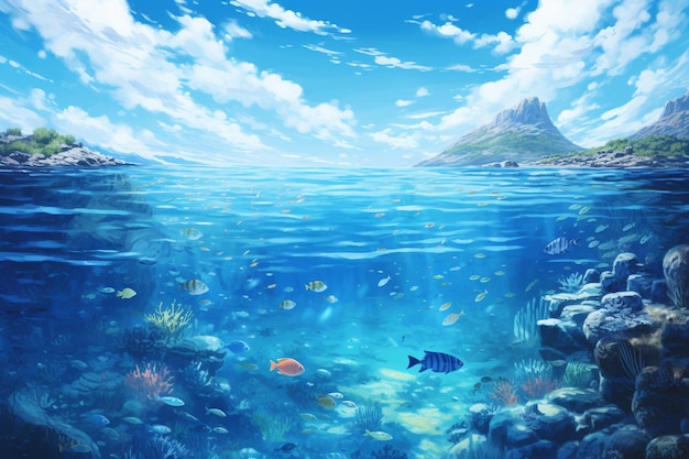 A blue water with fishes and the sky in the background