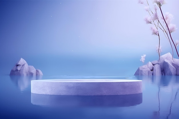 A blue water with a white stone podium in the middle of it Generative Ai