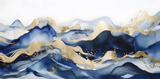 A blue watercolor artwork of mountains and golden leaves in an elegant abstract style Generative AI