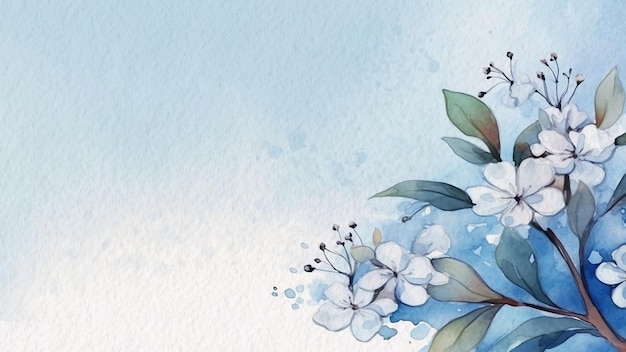 Blue watercolor background with a branch of flowers