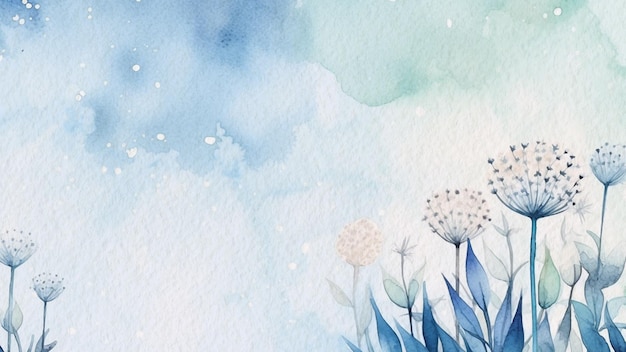 Blue watercolor background with a bunch of dandelions and a blue sky.
