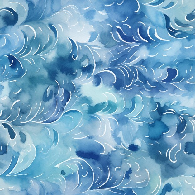 A blue watercolor background with waves and the words sea and ocean.