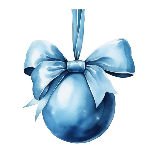 Фото Голубой акварельный рождественский шар с лентой и луком, изолированным на фоне генеративный ии