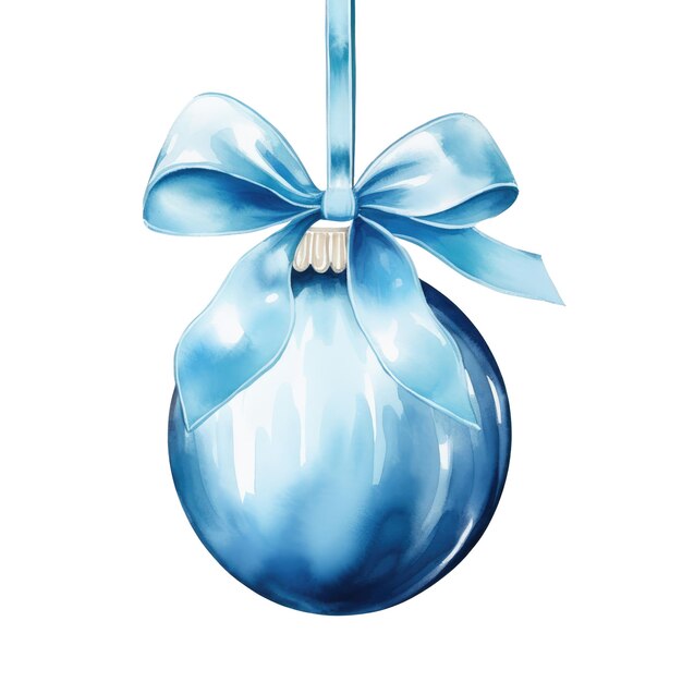Фото Голубой акварельный рождественский шар с лентой и луком, изолированным на фоне генеративный ии