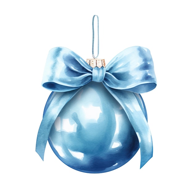 Photo blue watercolor christmas ball with ribbon and a bow isolated on background generative ai