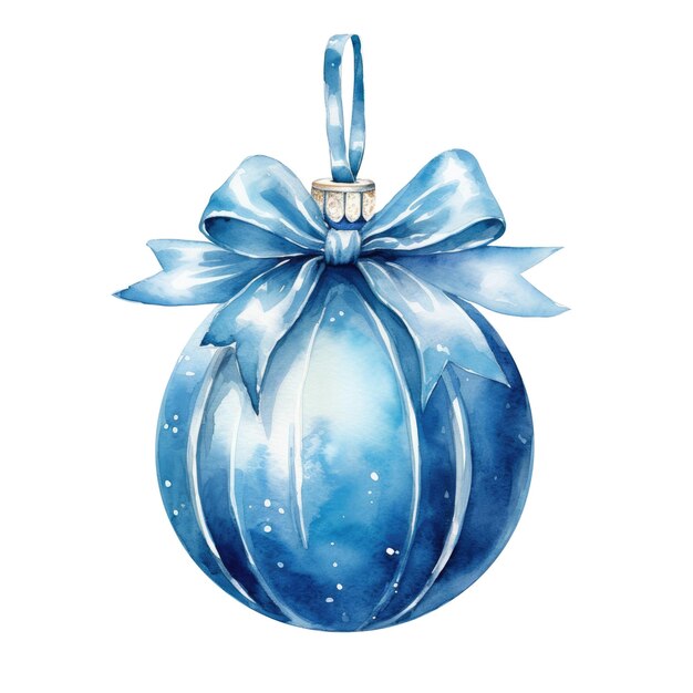 Photo blue watercolor christmas ball with ribbon and a bow isolated on background generative ai