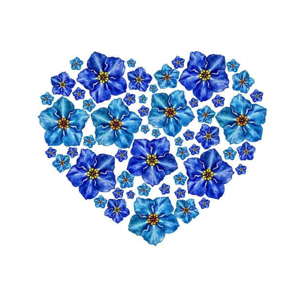 Blue watercolor floral heart with forget me not flowers for wedding valentines day stickers