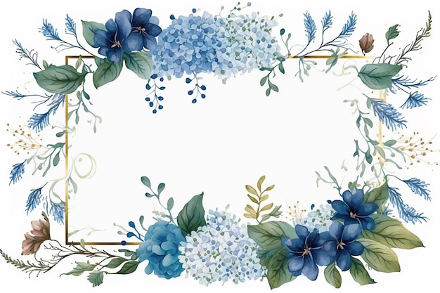 Blue watercolor flowers frame background