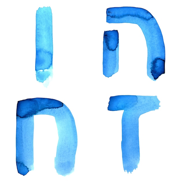 Blue watercolor letters of hebrew alphabet