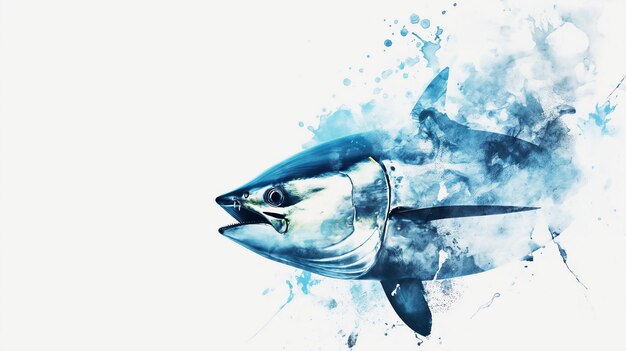 A blue watercolor painting of a tuna fish blending with splashes and droplets