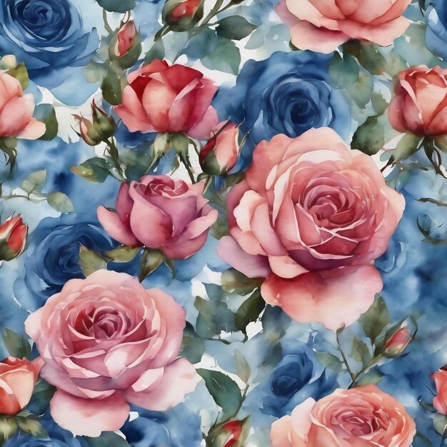 Blue watercolor rose flower pattern design