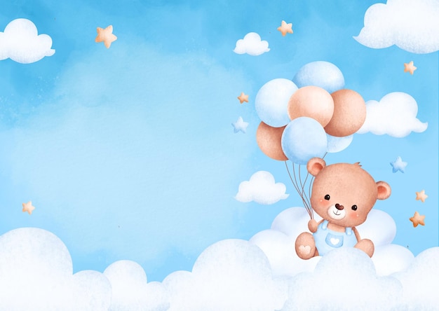 Blue Watercolor Sky Cute Bear illustratieve baby shower Dank je kaart 1