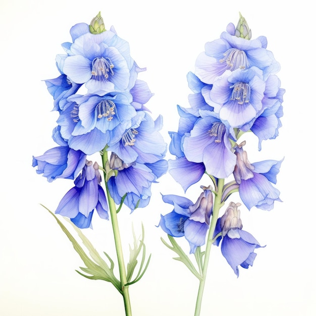 デルフィニウム・ラークスプール (Delphinium larkspur) 春夏の花を白い背景に描いた青い水彩画