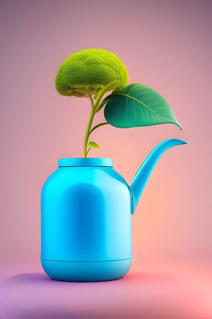 A blue watering can with a green leaf on it