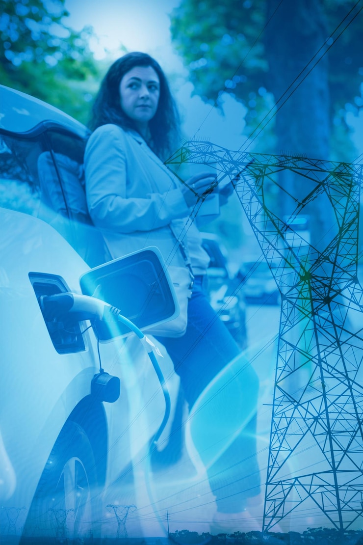 Photo blue wave against the evening electricity pylon silhouette