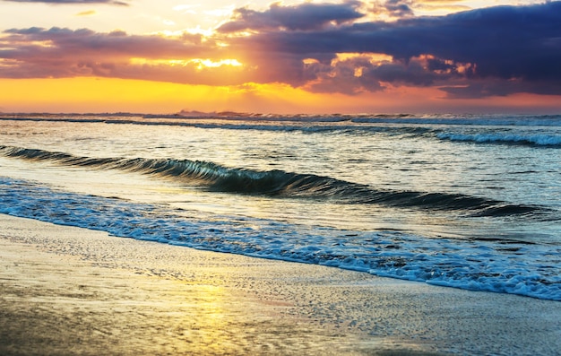 Blue wave on the beach. Blur background and sunlight spots. Peaceful natural background.