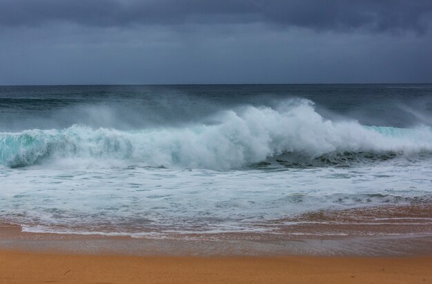 Blue wave on the beach. Blur background and sunlight spots. Peaceful natural background.