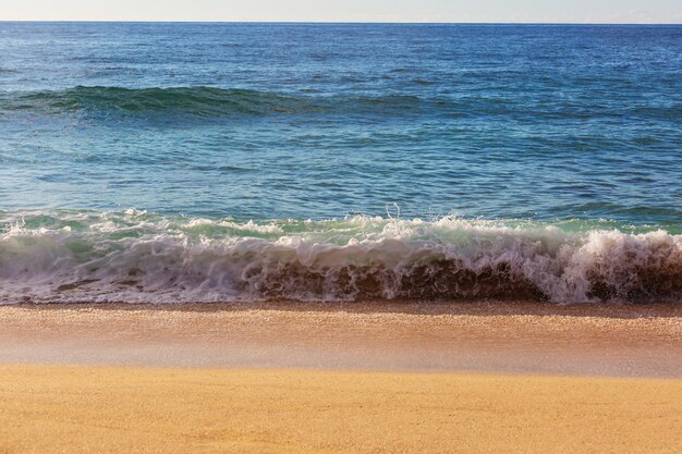 Голубая волна на пляже. Размытие фона и пятна солнечного света. Мирный естественный фон.