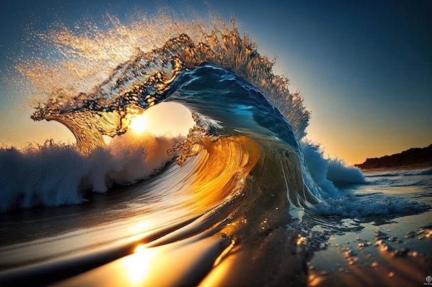 生成 AI で作成された背景に太陽が輝く、金色の海岸に砕ける青い波