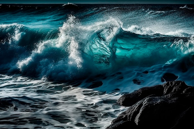 A blue wave is crashing on a rocky shore.