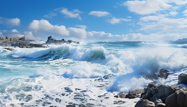 写真 青い波が岩の海岸線に飛び交う 人工知能が生み出した 動く自然の美しさ