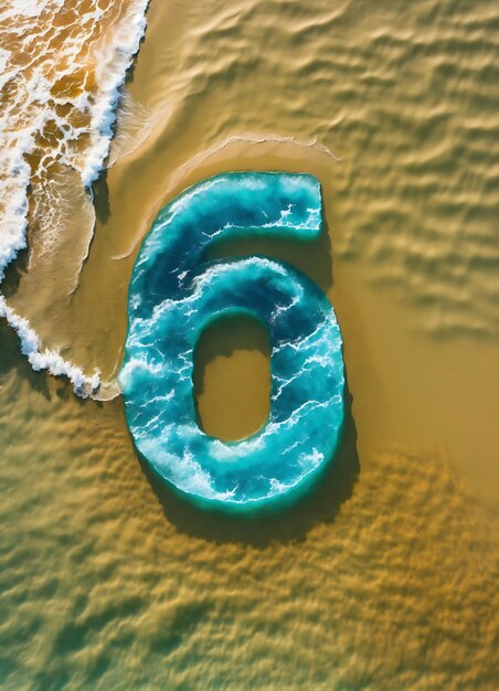 a blue wave with the number 6 in the sand