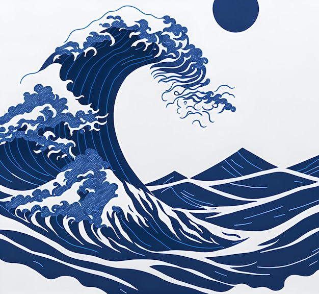 A blue wave with a sun behind it