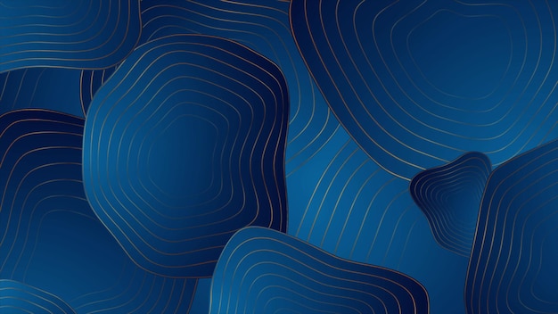 Blue wavy curved circles with golden lines abstract background