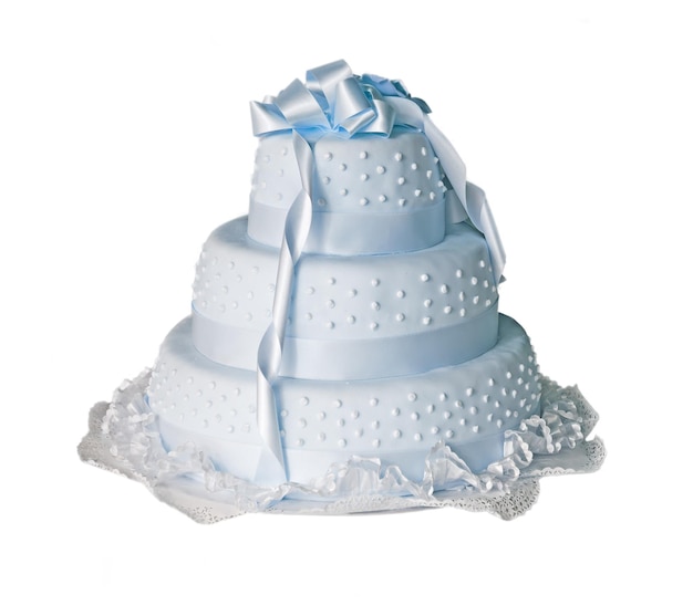 Blue wedding cake on white background