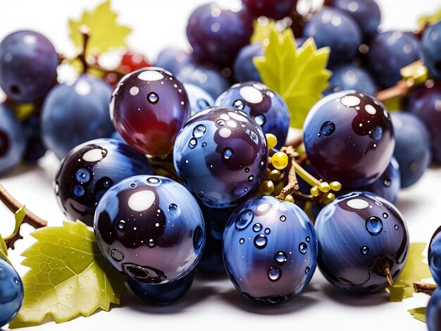 Blue wet grapes bunch isolated on white background