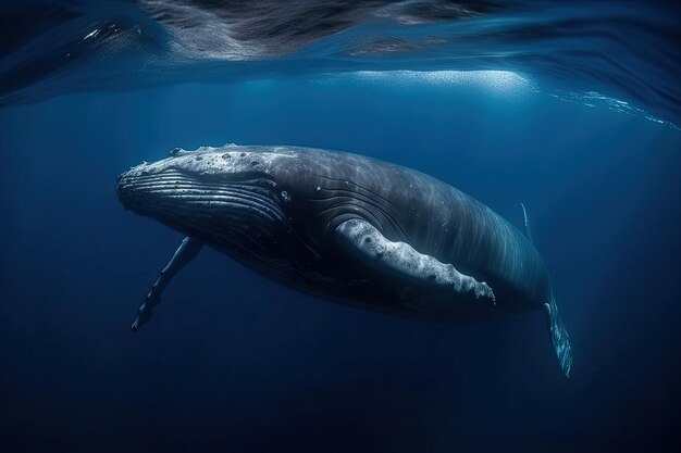 Blue whale gliding in deep blue ocean enormous body partly illuminated by the sunlight Realistic