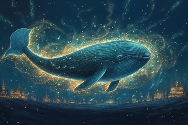 A blue whale is floating in the night sky.