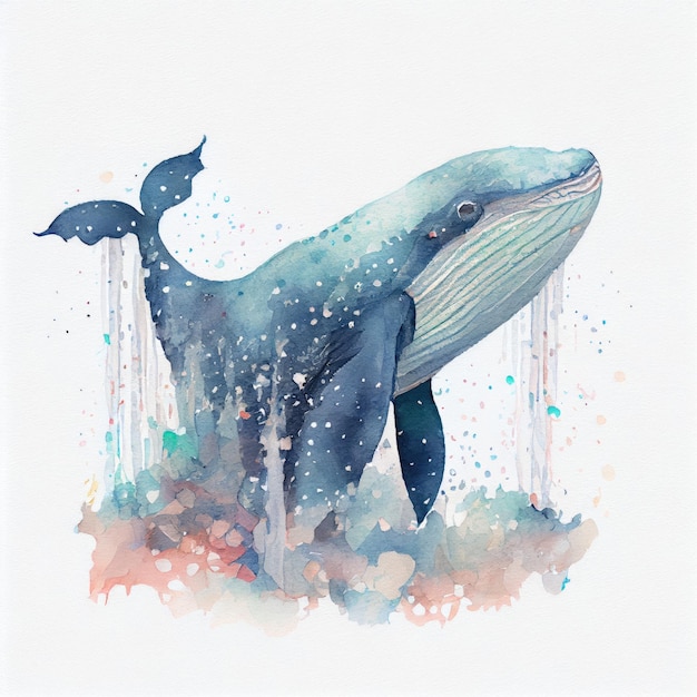 A blue whale is painted on a white background.