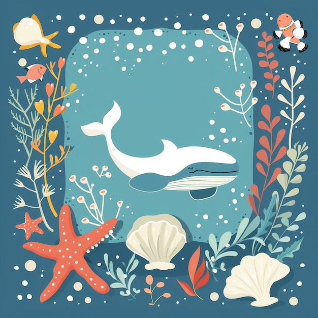 Foto una balena blu è circondata da una varietà di creature e piante marine
