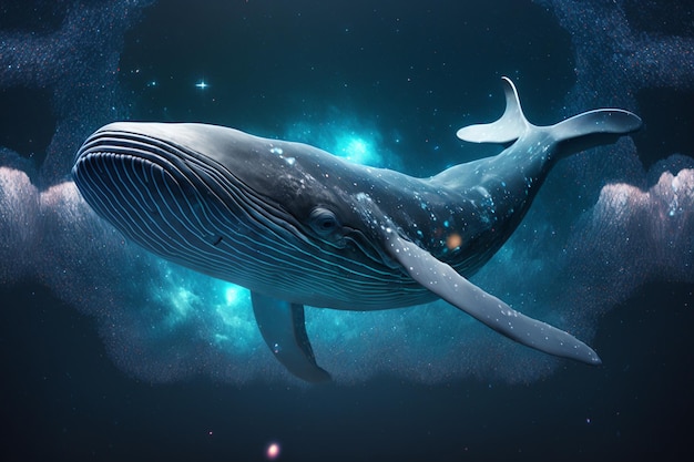 A blue whale is swimming in the ocean.