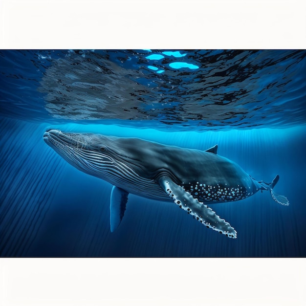 A blue whale is swimming under the water.