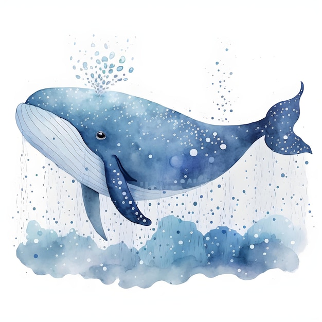 Blue whale in the ocean watercolor