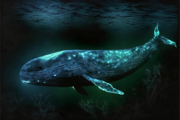 A blue whale in the ocean with the words blue whale on the bottom.