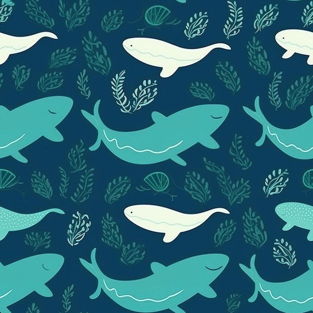 A blue whale pattern with a white whale and a sea shell on the bottom.