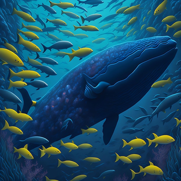 A blue whale shark and colorful small fishes