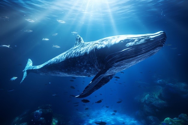 Blue whale swim in ocean space with rocks around