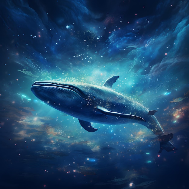 A blue whale swimming in a galaxy without a destination