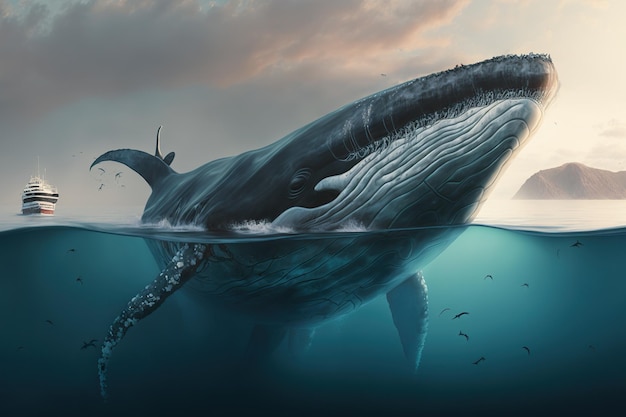 Blue whale swimming near the surface AI generative