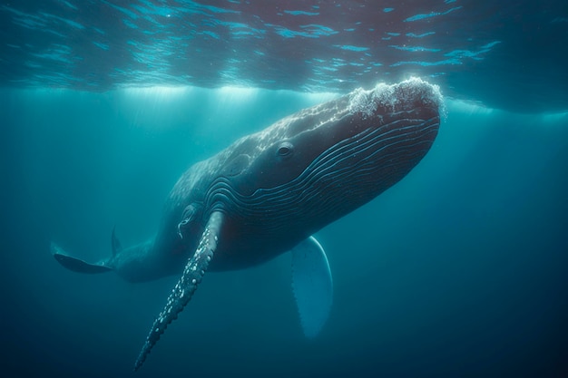 A blue whale swims under the water.