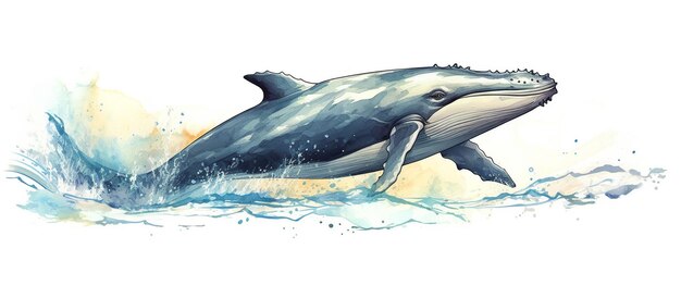 Photo blue whale vector illustration with subtle watercolor splashes on a white background