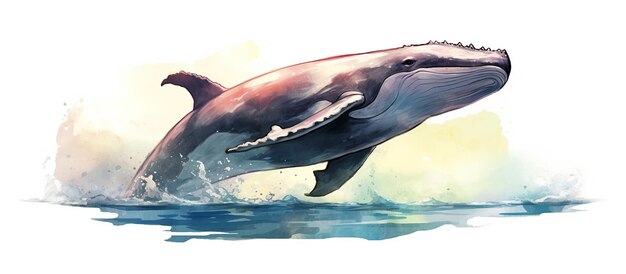blue whale vector illustration with subtle watercolor splashes on a white background