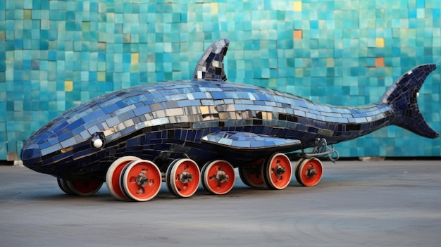 Photo a blue whale on wheels with orange tires ai