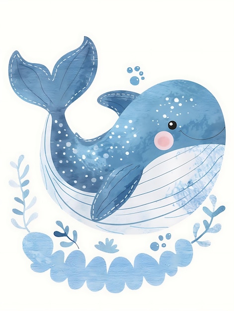 a blue whale with a pink nose and a blue dot on the bottom